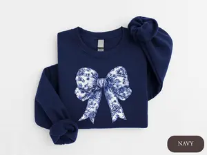 Toile De Jouy Coquette Bow Sweatshirt, Blue Ribbon Sweater, Girly Aesthetic Crewneck, Blue Toile Bow Shirt, Women Sweatshirt, Gift for Her