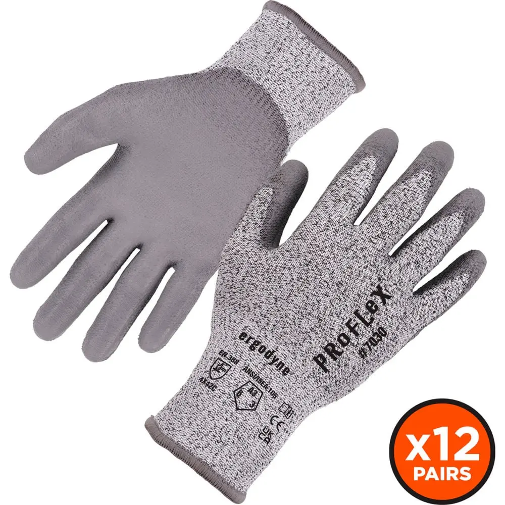 Ergodyne B3135736 Proflex 7030 Cut Resistant Polyurethane Coated Gloves - ANSI A3, Gray - Medium - Set of 24