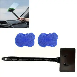 Windshield Cleaner with 2 Washable Microfiber Pads Fixed Handle Auto Glass Wiper - Ergonomic Design for Blind Spots - Reusable Cleaning Tool for Interior & Exterior
