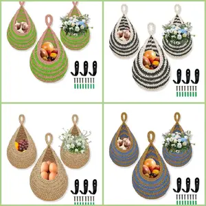 3pk Hanging Fruit Basket for Kitchen, 3 Pack Hanging Wall Basket with 3 Hooks, Boho Hanging Baskets, Hanging Kitchen Baskets for Fruits, Vegetables and Onion Storage, Black and White