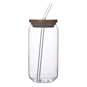 16 oz Glass Jar Cup with Wooden Lid and Metal Straws for Beverages