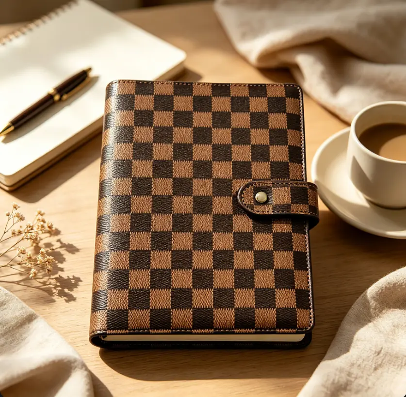 Unisex Adult A5 Brown Checkered PU Leather 6-Ring Refillable Binder Notebook - Travel Size, Card Slots, Multi-Pockets, Luxury Grid Cover, Budget Sheets Ready, Daily Journaling Organizer for Office School