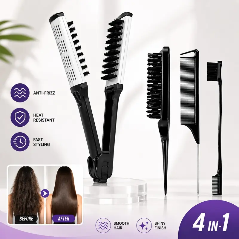 4 pcs Hair Styling Tools Set, V-Shaped Hair Straightening Brush, Edge Control Brush, Rat Tail Comb & Hair Brush, Anti-Frizz Smoothing and Detangling Kit for Hairline Styling, Parting, Braiding, Women, Girls, Home Salon Hair Care, Comb Haircare Set