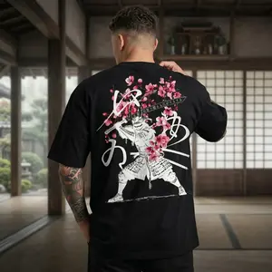 180g Pure Cotton T Shirt Men's T-Shirt Samurai Warrior With Cherry Blossoms And Japanese Calligraphy Design For Casual Wear In Spring And Summer Perfect Gift For Him