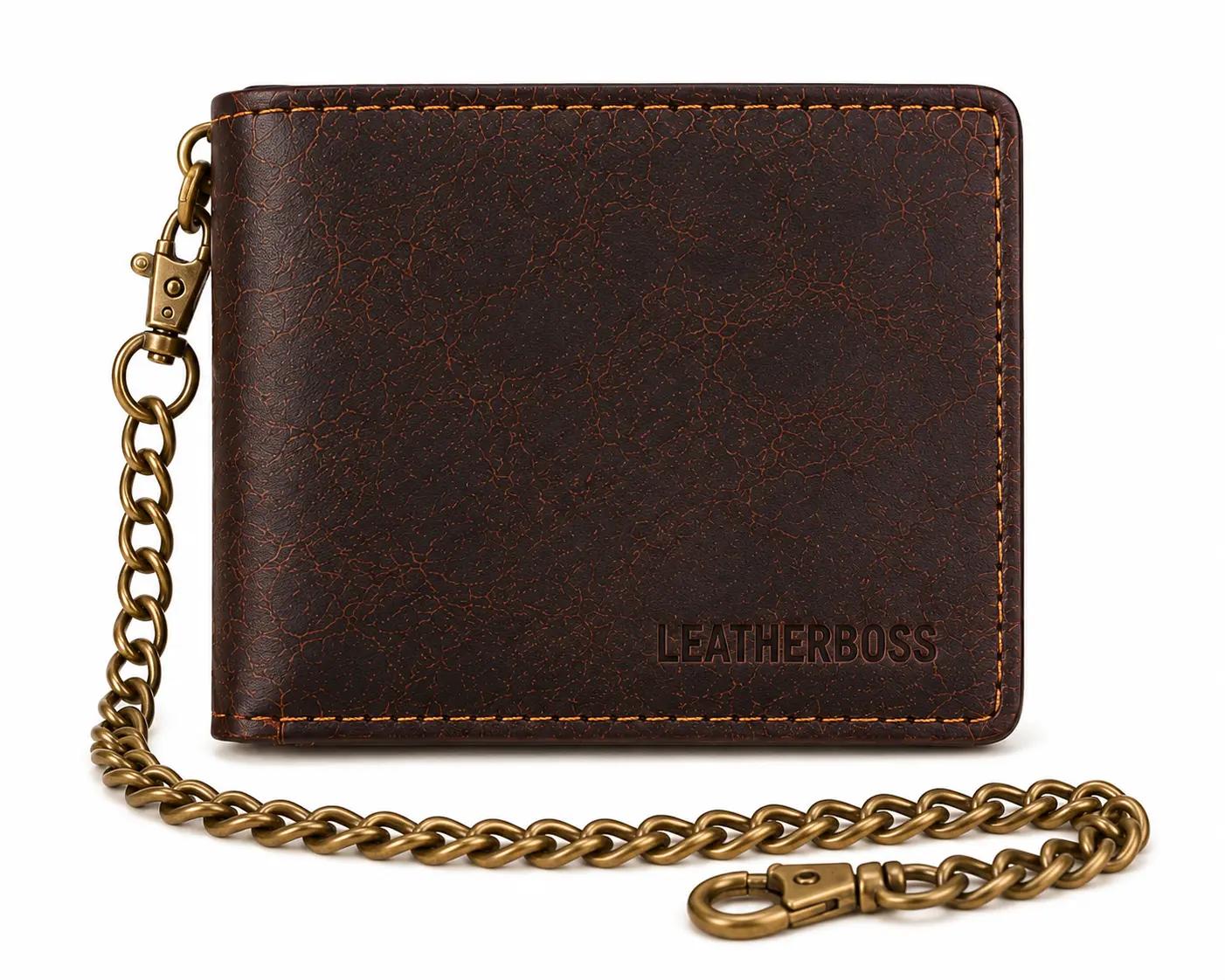 Leatherboss Hunter Premium Leather Biker Men's Bifold Wallet - Rugged Style, Antique Chain, RFID Blocking, 5 Card Slots, Clear ID Window, Full-Size Currency Pocket, Secure Chain Men's Wallet