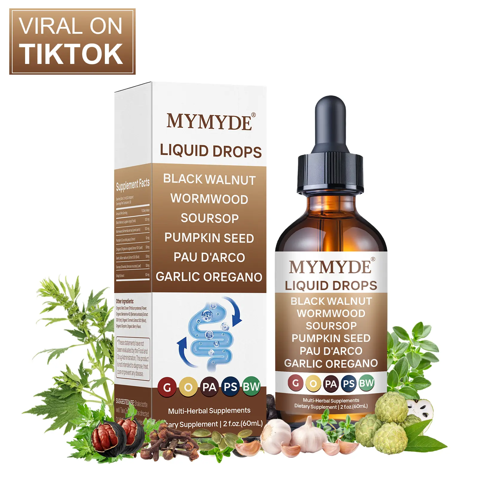 MYMYDE Walnut Wormwood Gut Cleanse, Wormwood Black Walnut Clove Drops with Garlic Oregano, Soursop, Pau D'arco, Pumpkin Seed Extracts, Support Gut & Digestion Balance, Improve Energy