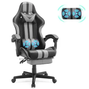 SOONTRANS Gaming Chair Office Chair, Massage Game Gamer Chairs with Footrest & Headrest & Lumbar Pillow, Reclining Swivel Leather Chairs, Grey