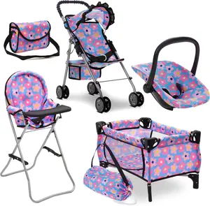 Baby Doll Stroller Bed and Seat Nursery Playset – 4-in-1 Baby Doll Accessories Set with Stroller, High Chair, Rocking Chair & Diaper Bag – Blue Floral Pretend Play Set for Girls Ages 3–5
