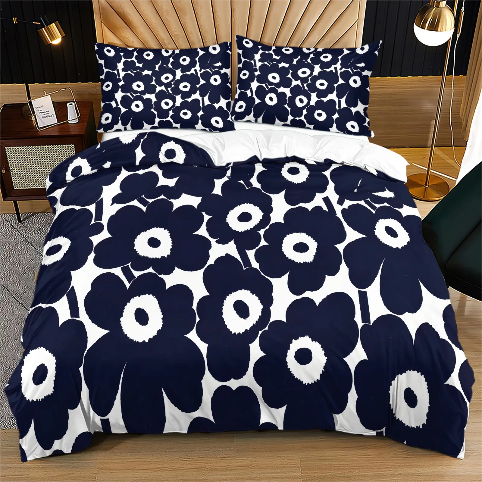 Navy Blue Poppy Floral Duvet Cover Set, 1 Duvet Cover with 1/2 Pillowcases, Scandinavian Botanical Bedding for Bedroom, Dorm & Guest Room, Decor for Adults