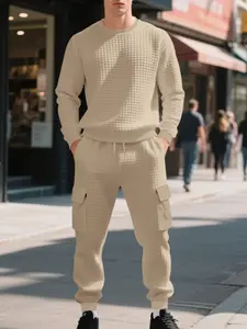 Men's Loose Fit Textured Jacquard Casual Sporty Commuter Sweatshirt Set, Fall Winter American Style, Comfortable & Stylish