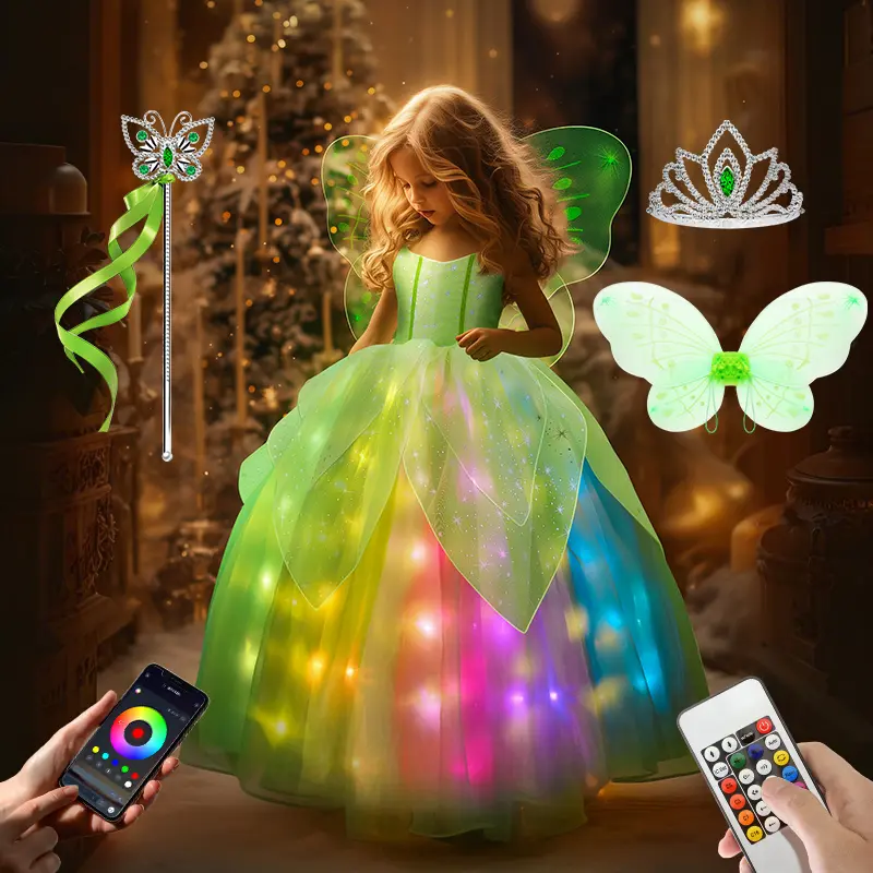 UPORPOR Princess Costume for Girls, Green Glitter Fairy Gown with Music Sync Light-up LEDs, Includes Wings & Wand for Halloween & Christmas, Costume Outfit, Costume Ideas