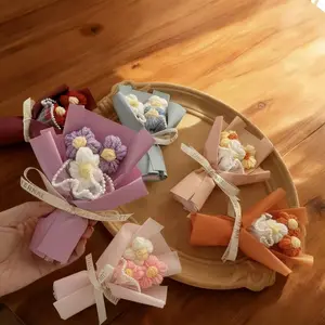 Creative Mini Artificial Flower Bouquet, Knitted Woolen Flowers, Puff Small Bouquet, Handmade Gift, Holiday Present, Party Gift, Artificial Bouquets