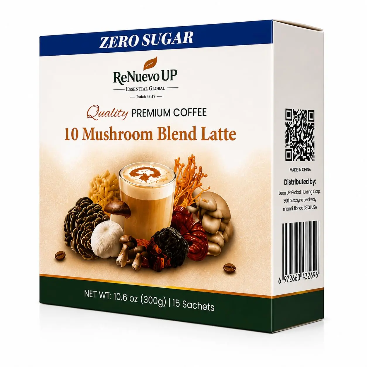ReNuevo UP Mushroom Coffee, 10 Mushroom Blend Latte, Zero Sugar Premium Instant Coffee with Coconut Milk Powder & Stevia, 15 Sachets