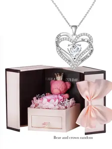 Women's Elegant Rhinestone Heart Design Pendant Necklace, Stylish Exquisite Charm Necklace with Bear & Flower Gift Box, Fashion Matching Jewelry As Birthday Gift for Girlfriend, Mother's Day Gifts, Gift Set for Mothers, Gifts for Her