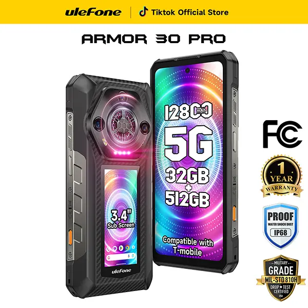 Ulefone Armor 30 Pro 5G/Armor 30 4G Unlocked Rugged Phone Android 14 Smartphone 6.9" Dual Screen 16GB+512GB,  Infinite Halo 118dB Speake, MediaTek Dimensity 7300X 12800mAh(66W) 64MP+50MP+32MP,IP68/IP69 -Black Cellphone
