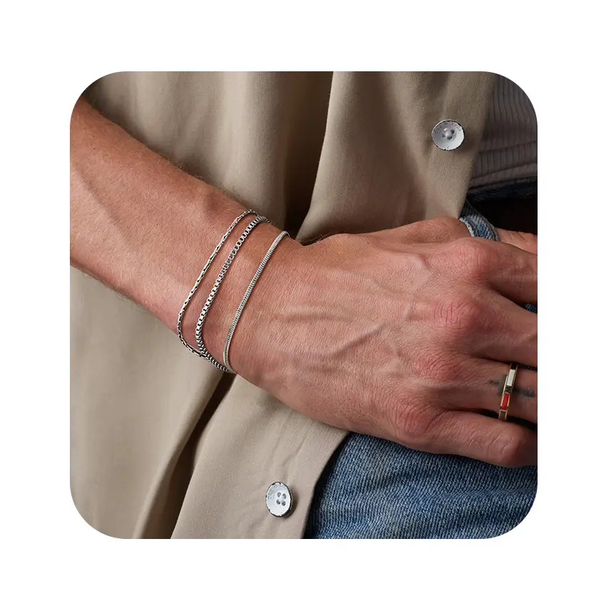 Dearmay Silver Men’s 3-Layer Bracelet– 2mm Box Chain + Square Snake Chain + Snake Bone Gold Wire Chain – Stylish Men’s Jewelry for Daily & Casual Wear – Ideal Gift for Birthdays & Holidays