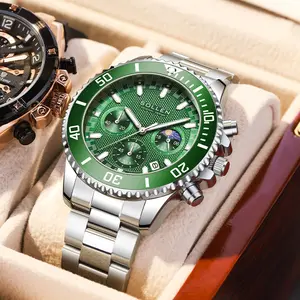 SOLLEN Men's Moon Phase Chronograph Watch - 24-hour/Date Multi-function Quartz, Solid Steel Strap, business casual Sophisticated Luxury Green Dial Dress Gift for Birthday (Boyfriend/Husband)/Valentine's Day/Father's Day/Wedding - 721