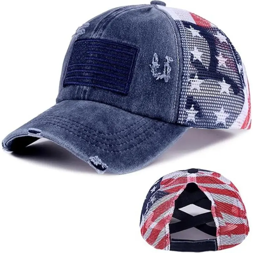 Women's Embroidered American Flag Trucker Baseball Cap - Washed Cotton, Unisex Fit, Criss-Cross Ponytail Back, Breathable Mesh, Adjustable Patchwork Everyday Outdoor Accessory, Hand Wash Only