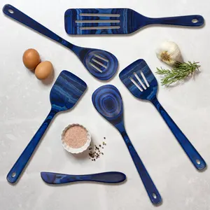 Baltique Malta Collection 7-Piece Cooking Utensil Set - Blue Birch Wood Spoons, Spatulas & Measuring Tools for Kitchen - Perfect for Cooking & Serving