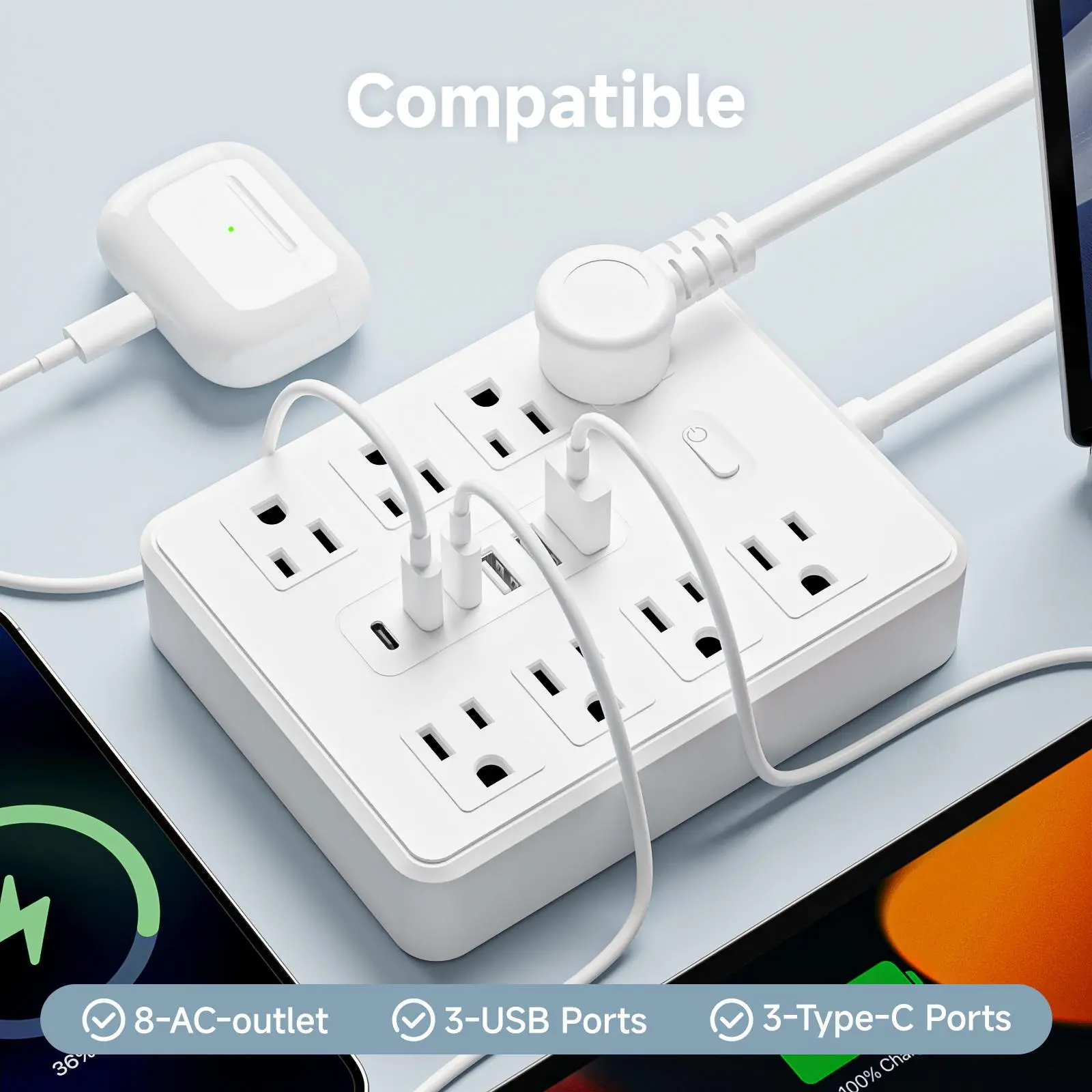 Multi-Port Travel Power Strip Sockets - 14-Integrated Unit with Switching Power Supply, 1.5m Cable, 8 AC Sockets, 3 USB & 3 Type-C Connections for Home, Office Use