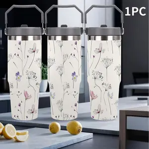 A 30oz  exquisite wildflower pattern insulated travel mug Tumbler with a handle, made of stainless steel with double-layer vacuum insulation. The design features a simple floral pattern. It is the perfect gift for women,  and nature lovers for Christmas