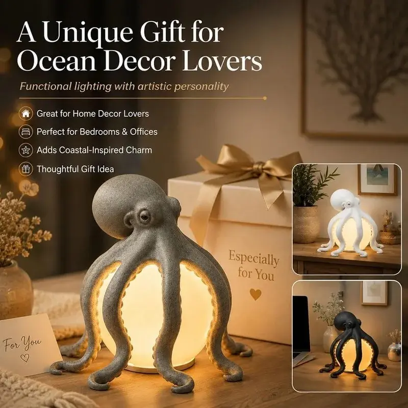 Creative Octopus Table Lamp, beautifully designed with sculptural tentacle shapes, emits warm LED light, creating a soft ambient glow, and has an artistic ocean vibe.Perfect as a Halloween gift or holiday present, available for immediate delivery