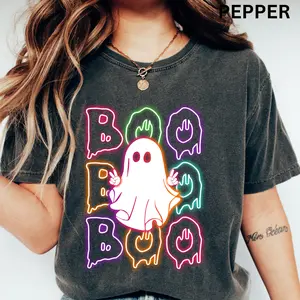 Neon Boo Halloween Shirt - Comfort Colors Oversized Boo Shirt Unisex Casual Cotton T-shirt, Comfortable Halloween Apparel for Women