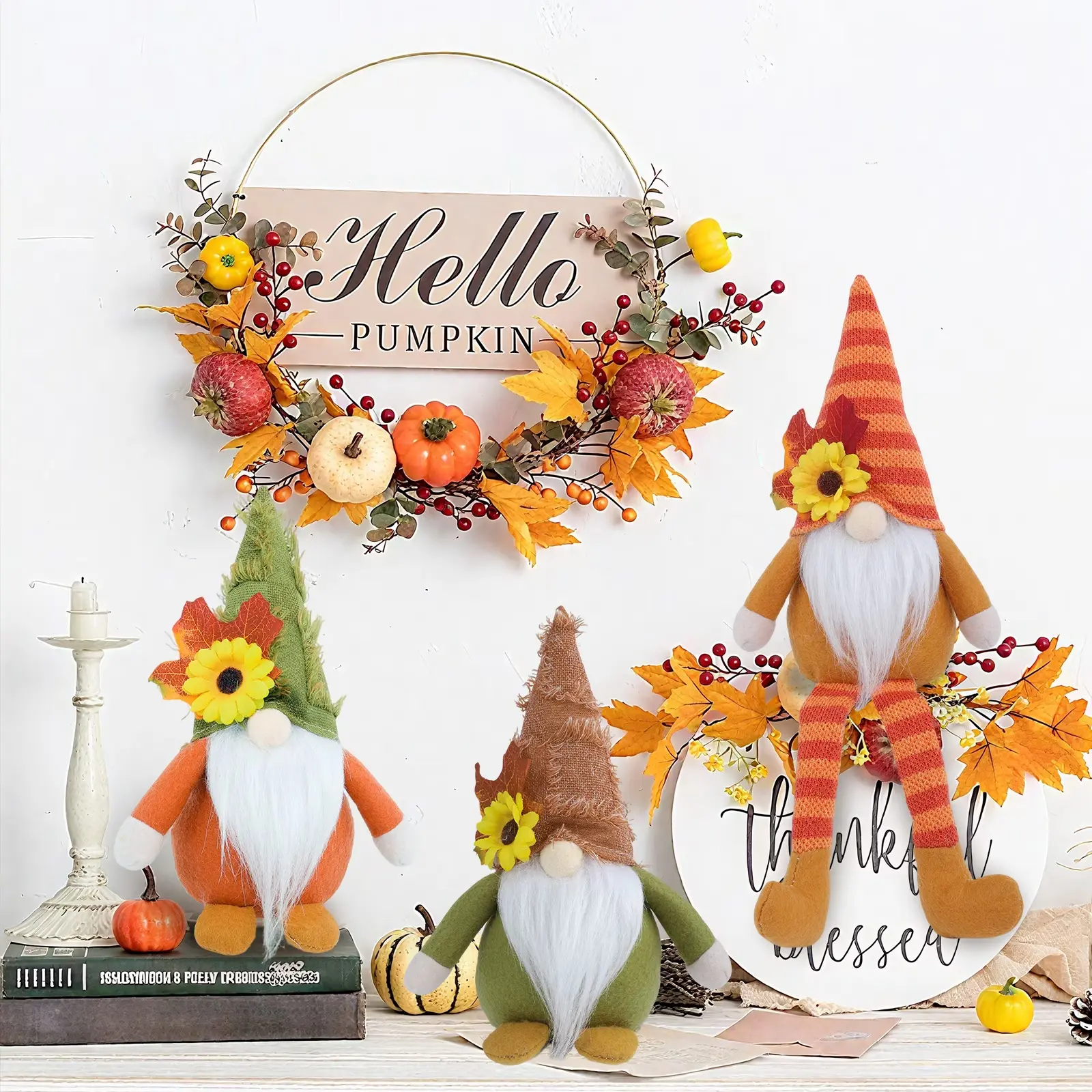 3PCS Fall Gnomes Plush Decorations, Autumn Gnome Set for Tiered Tray, Tabletop Shelf Mantel & Thanksgiving Home Decor