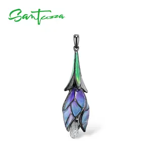 SANTUZZA 925 Silver White Cubic Zirconia Pendant Without Chain For Women Tulip Flower Delicate Jewelry