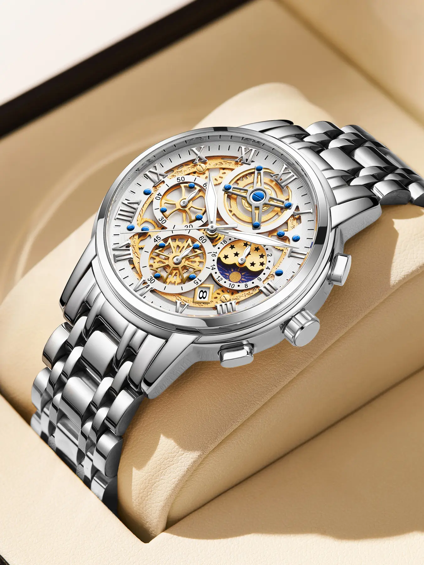 LIGE Men's Modern Fashionable Wristwatch, Multifunctional Analog Watch with Round Dial for Everyday Style, Clasp, Waterproof Luminescent, < 30M, Alloy, Calendar, Hardlex Glass