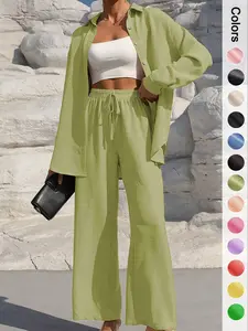 Women's Solid Button Front Shirt & Wide Leg Pants Set, Casual Two-piece Set, Women's Spring & Fall Clothes for Daily Wear, Casual Lounge Set