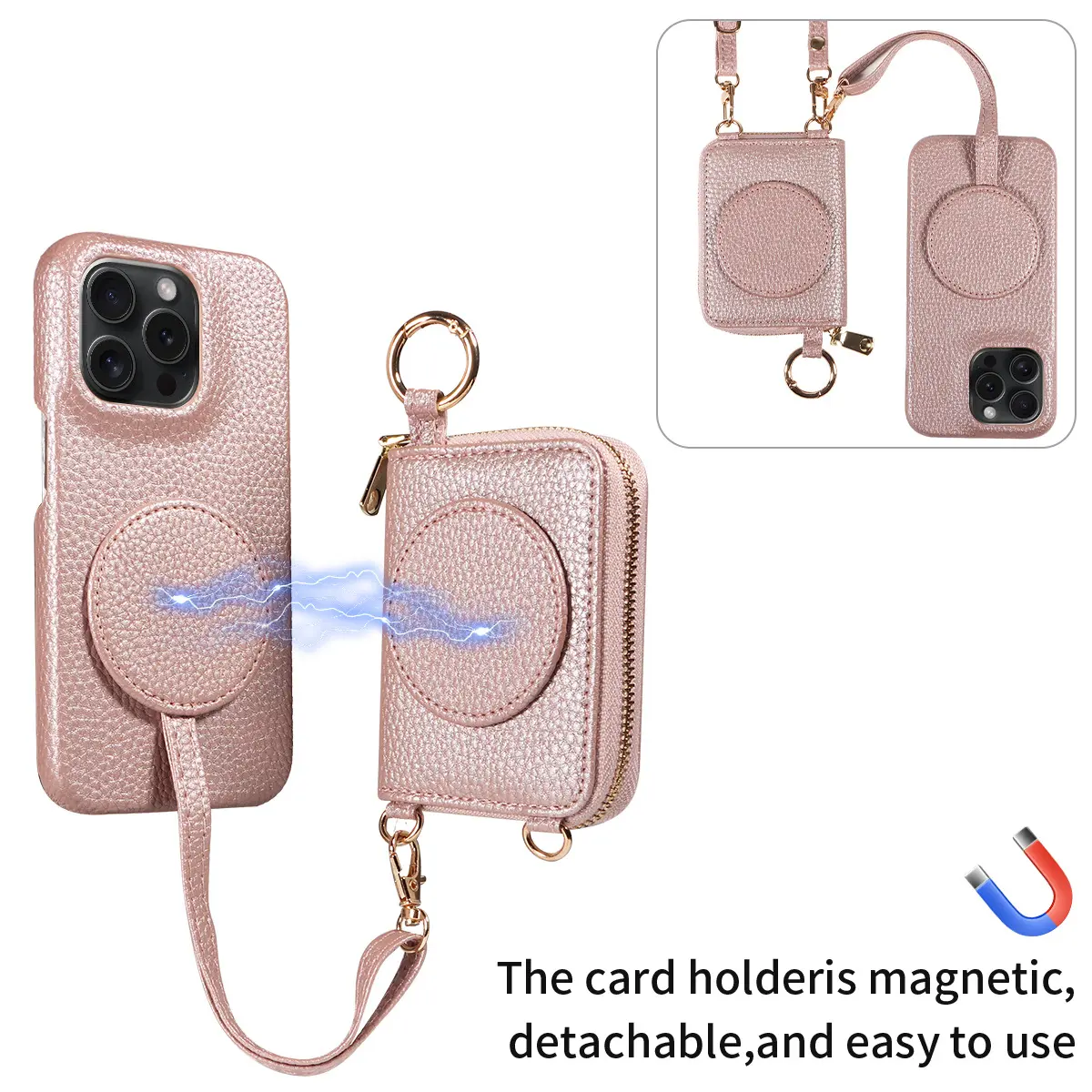 Magnetic Clip Detachable Leather-TPU Cellphone Casing - Adjustable Lanyard Crossbody Phone Protection Accessory for iPhone 14,15,16 Pro,16 Pro Max,17 Pro Max