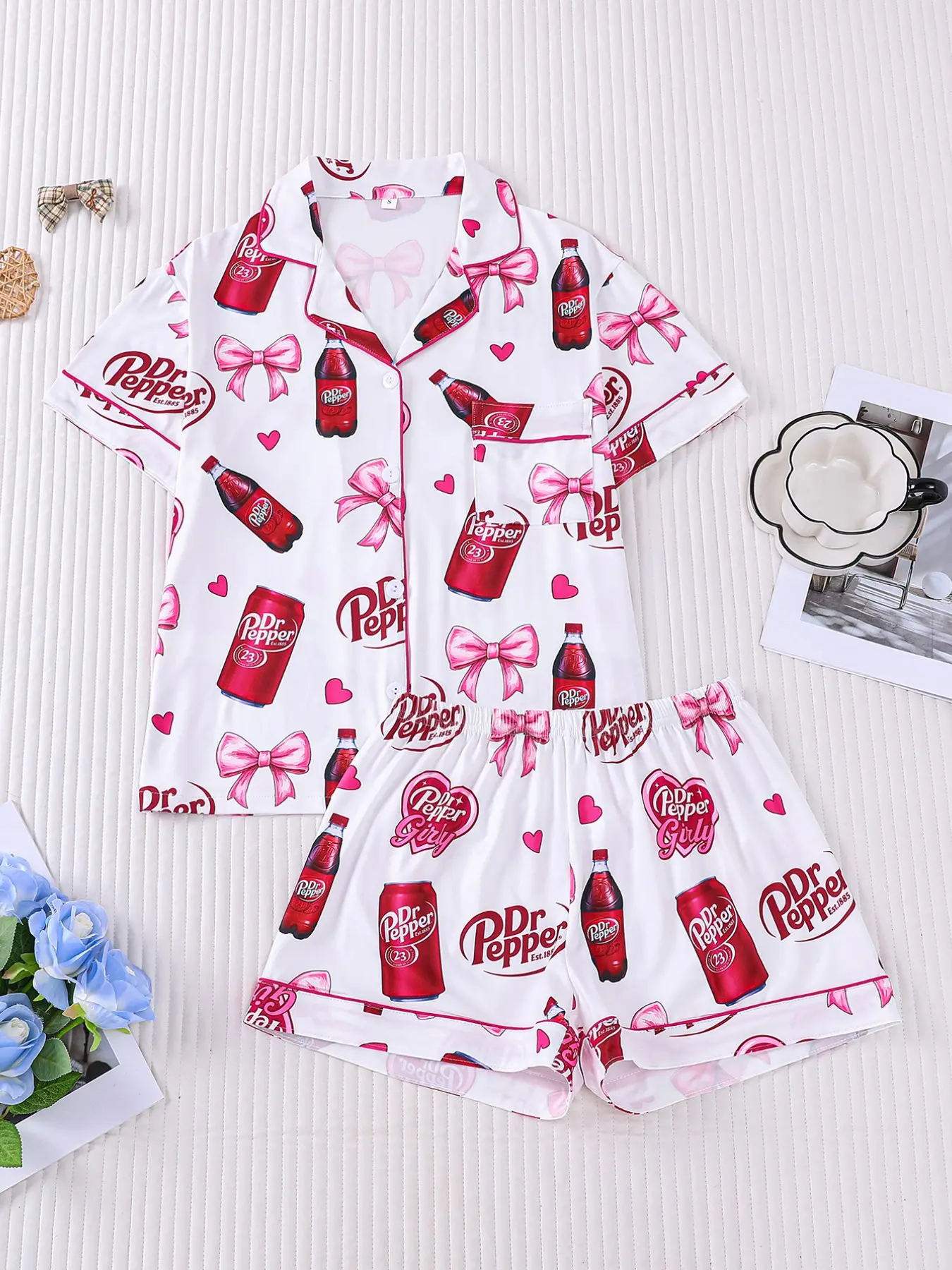 Women's 2-Piece Collared Sleepwear Loungewear Homewear Pajama Set Pjs, Valentine's Day Cute Heart Soda Drink Print Short Sleeve Shorts Pocket, Comfortable Soft Skin-Friendly Elastic Waist Fit