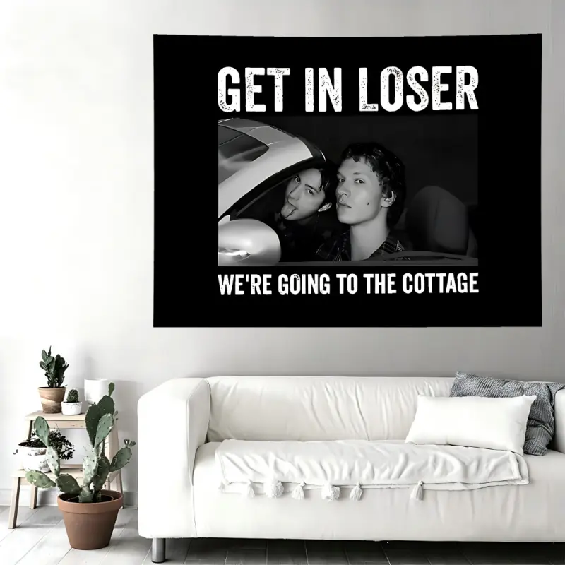 Emo Couple Car "Get In Loser" Meme Wall Flag Trippy Tapestry, Black & White Funny Quote Wall Art for Bedroom, Dorm, Livg Room & Aesthetic Room Decor