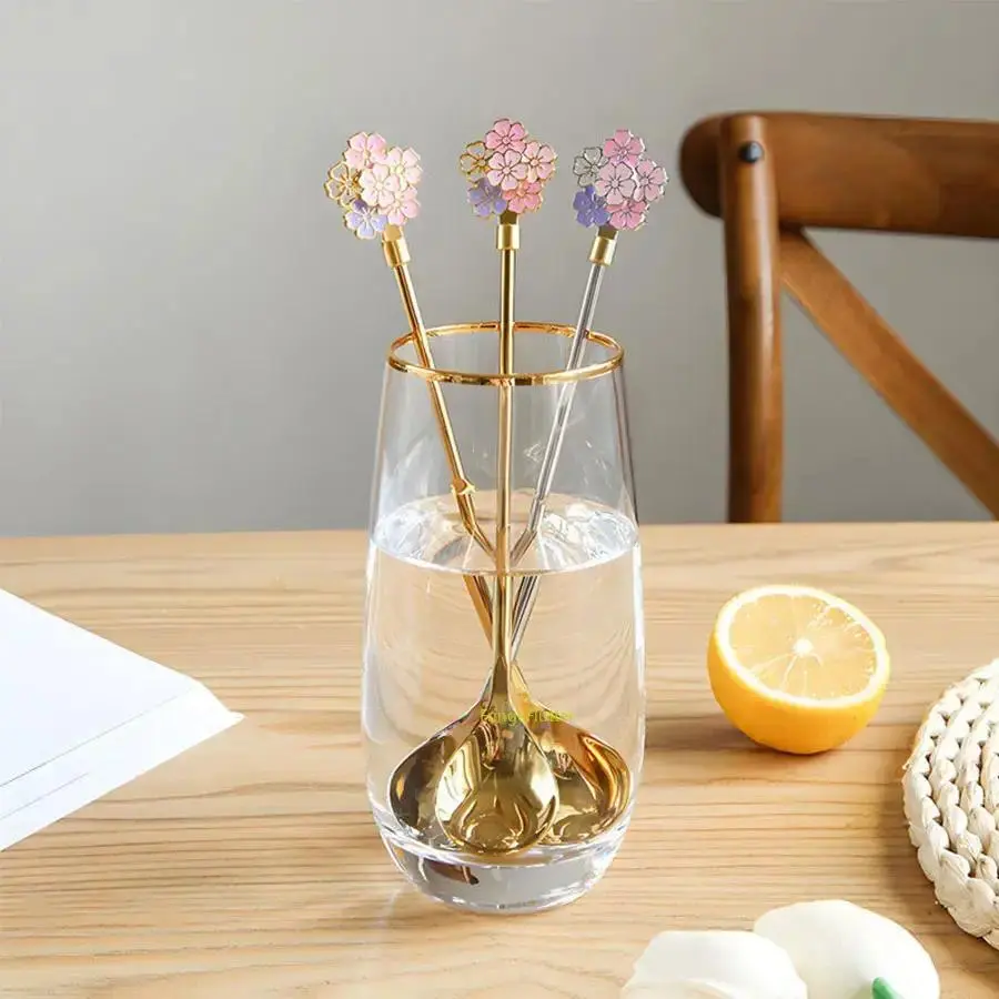 4pcs 304 SS Long Handle Dessert Spoons Set - Japanese Cherry Blossom Print, Durable, Scratch-Resistant, Hygienic Camp Kitchen Outdoor Tableware for Camping, Home Use, Entertaining Guests