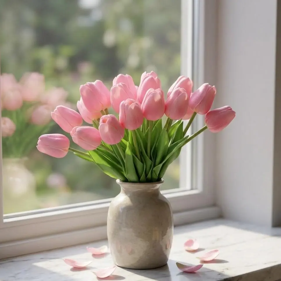 10Pcs Decorative Blush Pink PU Mini Real-Touch Artificial Tulips Set, 34cm Lightweight Artificial Flower Decorations for Daily Home Wall, Memorial Day Wedding Vase, Allergy Sufferers