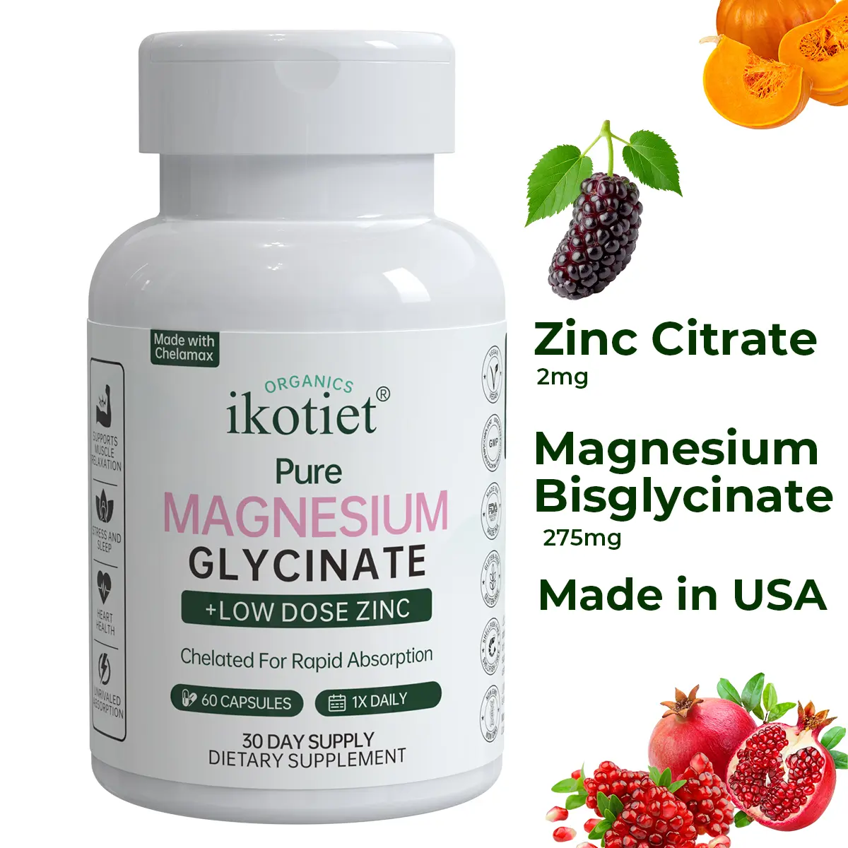IKOTIET Magnesium Glycine Dietary Supplement - 275mg, 60 Vegan Capsules, Dairy-Free, Lactose-Free, with Zinc for Relaxation, Restful Sleep, Daily Defense, Metabolism, Brain Health, Heart Health, Muscle Support, GMP Certified