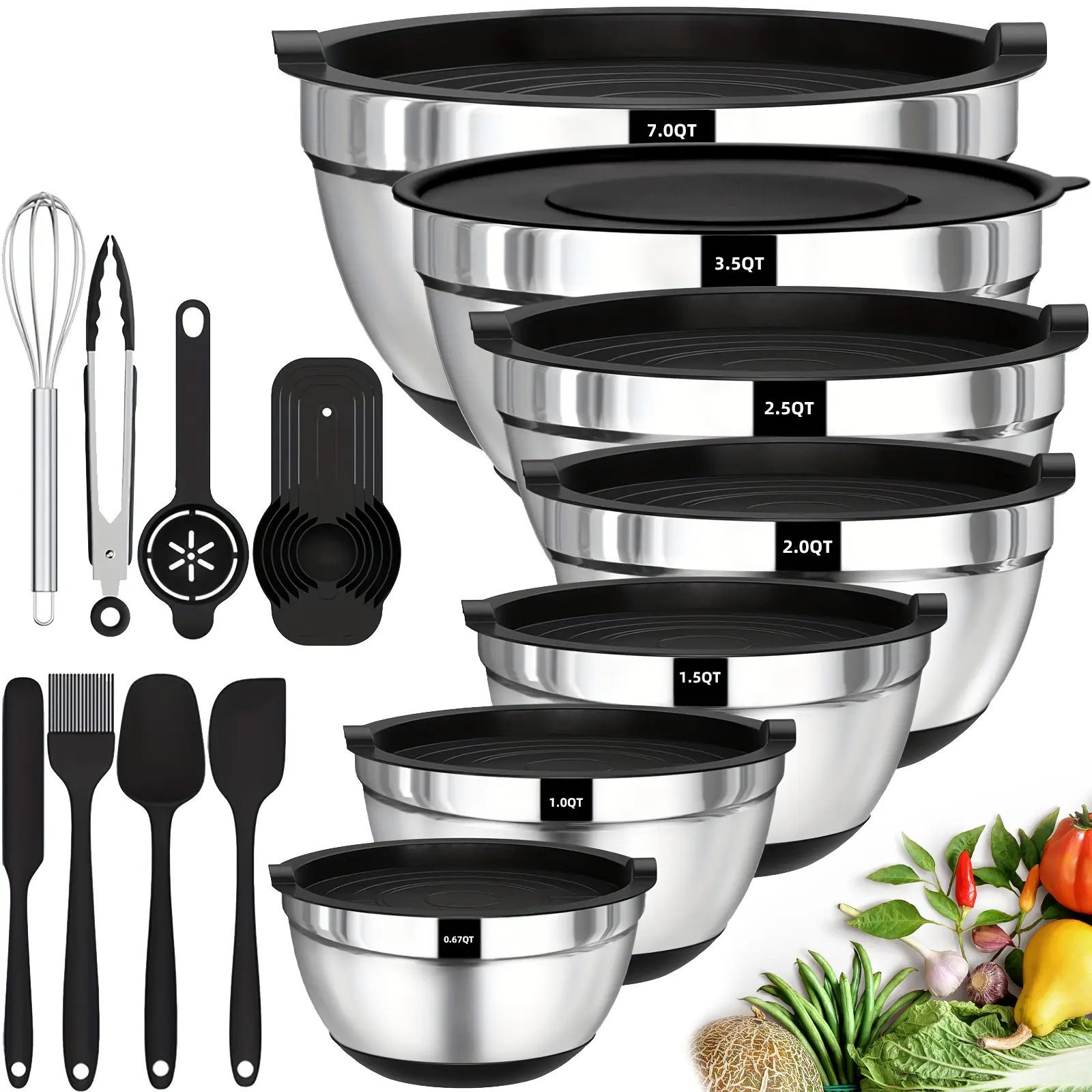 Classic Ergonomic Stainless Steel Mixing Bowl Set - 20-Piece Nesting Tableware with Airtight Lids, Non-Slip Silicone Bottoms, BPA-Free (0.67QT,1QT,1.5QT,2.0QT,2.5QT,3.5QT,7QT) for Kitchen Supplies for Cooking, Baking