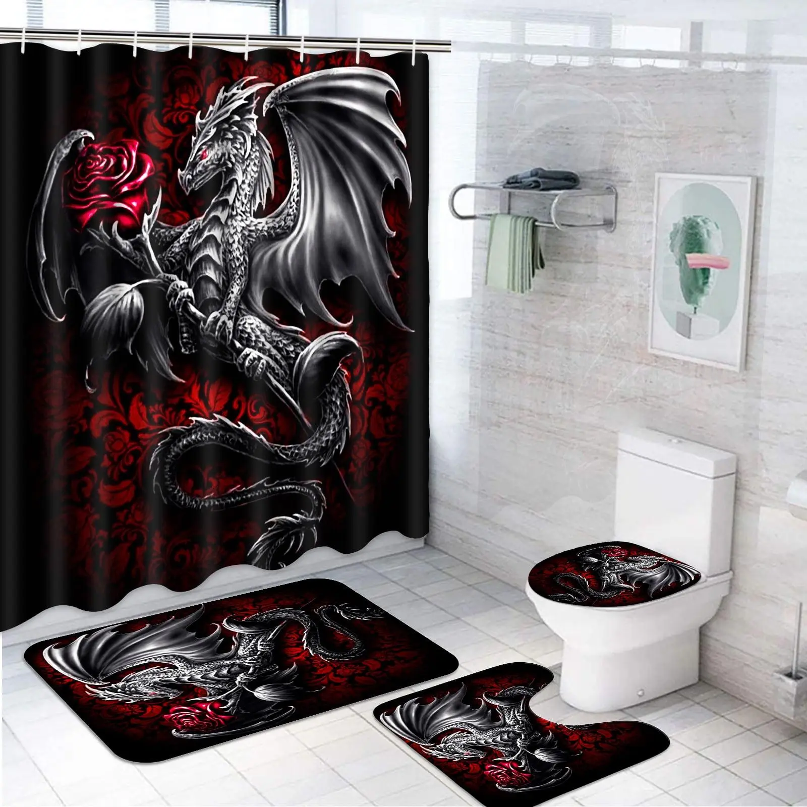 Dragon Pattern Bathroom Decorations, 4 Counts/set Including 1 Shower Curtain & 1 Toilet U-shape Mat & 1 Rectangular Mat & 1 Toilet Lid Cover, Bathroom Accessories with Hooks, Shower Curtain Sets Restroom
