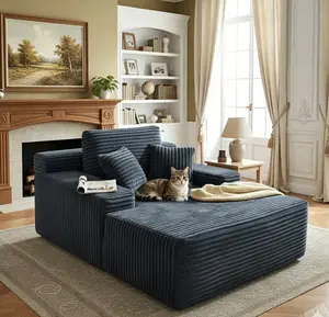 67‘’ Boneless Chaise Lounge, Upholstered Sofa Bed with Throw Pillows and Armrests, Indoor Sleeper Chair Luxurious Plush Corduroy Chair Bed for Living Room No Assembly Required