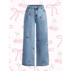 Women's handmade embroidered cherry casual straight leg wide pants, elegant woven denim jeans, fashionable all year round, comfortable fit pantsRAIMENTRY
