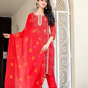 Bhandani Print Georgette Kurta Set - Red Color with Yellow Square Motif & Intricate Embroidery Design