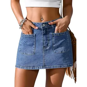 Eddoyee Denim Skirt for Women Mini Jean Skirt with Shorts Y2k Stretchy Jean Skort with Pockets
