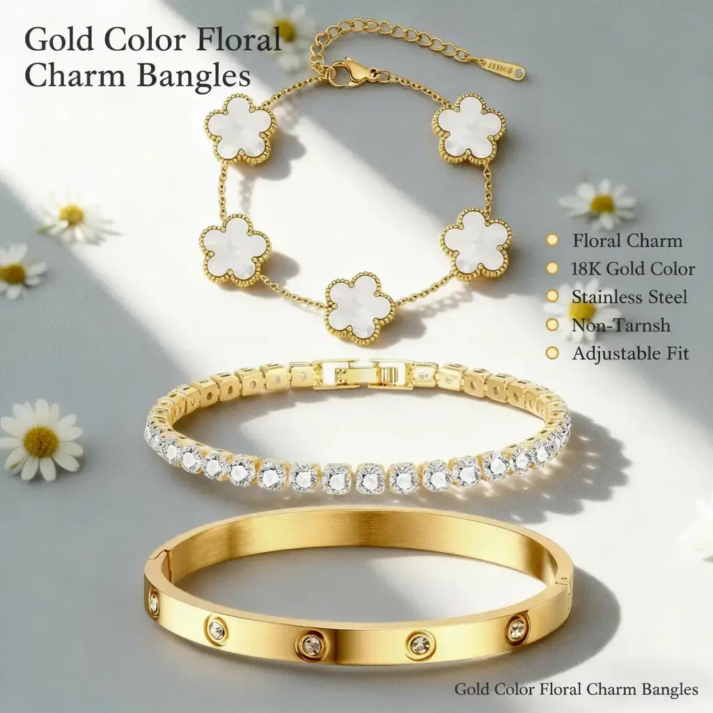 VNOX Layered Stack Bangles bracelet Set 3PCS Mothers day gifts ideas, 18 K Gold Zircon Stainless Steel floral charm Bracelets, Non Tarnish Open Bangle for Women, Adjustable hand chain Cuff, Daily Fashion Jewelry, Gift for Her cute jewelry lock bracelet