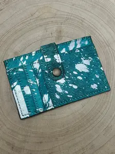 Cowhide Credit Card Wallet - Silver on Turquoise