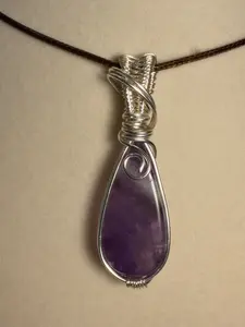 Amethyst silver-tone copper wire-wrapped pendant