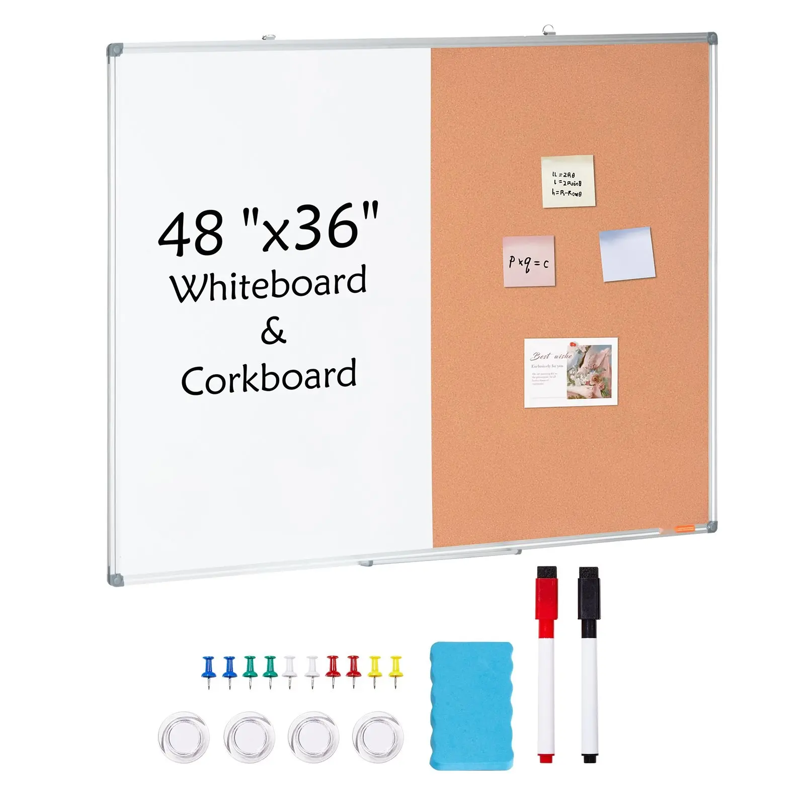 "48" X 36" Whiteboard And Cork Board Combo With Aluminum Frame, 2-In-1 Magnetic Dry Erase Bulletin Board For Wall Mount, Ideal For School, Home, Office, Classroom And Workspace Organization"