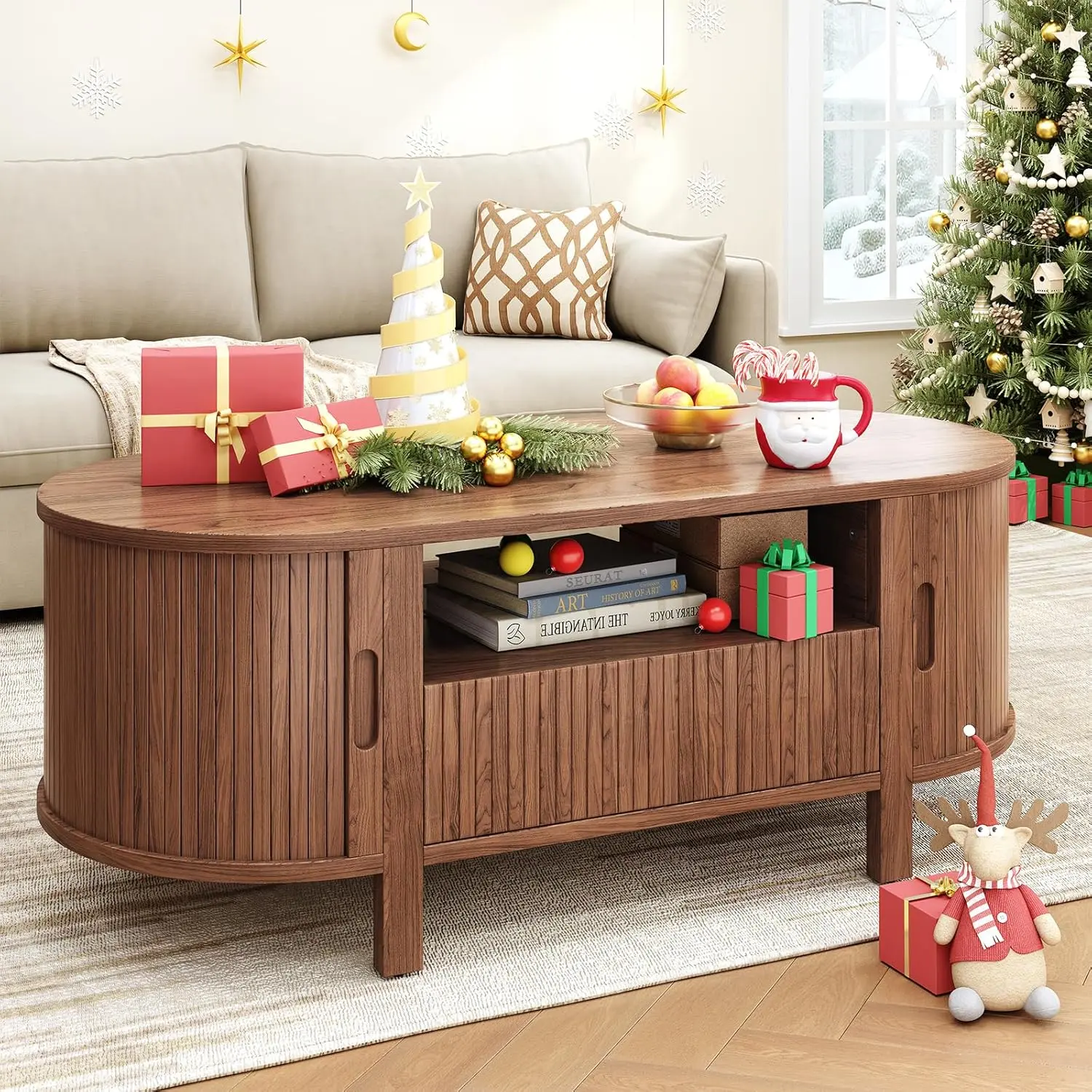 【SummerFinds】ONBRILL 47.2 Inch Oval Coffee Table with Storage, Mid Century Modern Coffee Table with Drawer, Center Table with Sliding Door and Wood Fluted Handle for Living Room,dorm essentials,home decor