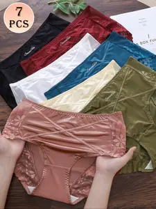 7 Pack Women's Satin & Lace Panties Mid Rise - Floral Lace Trim Bow Detail 7 Colors (Bk/Bl/Grn/Wine/Pk/Bie/Wt) Breathable Seamless Fit Everyday Luxury for Special Occasions Womenswear