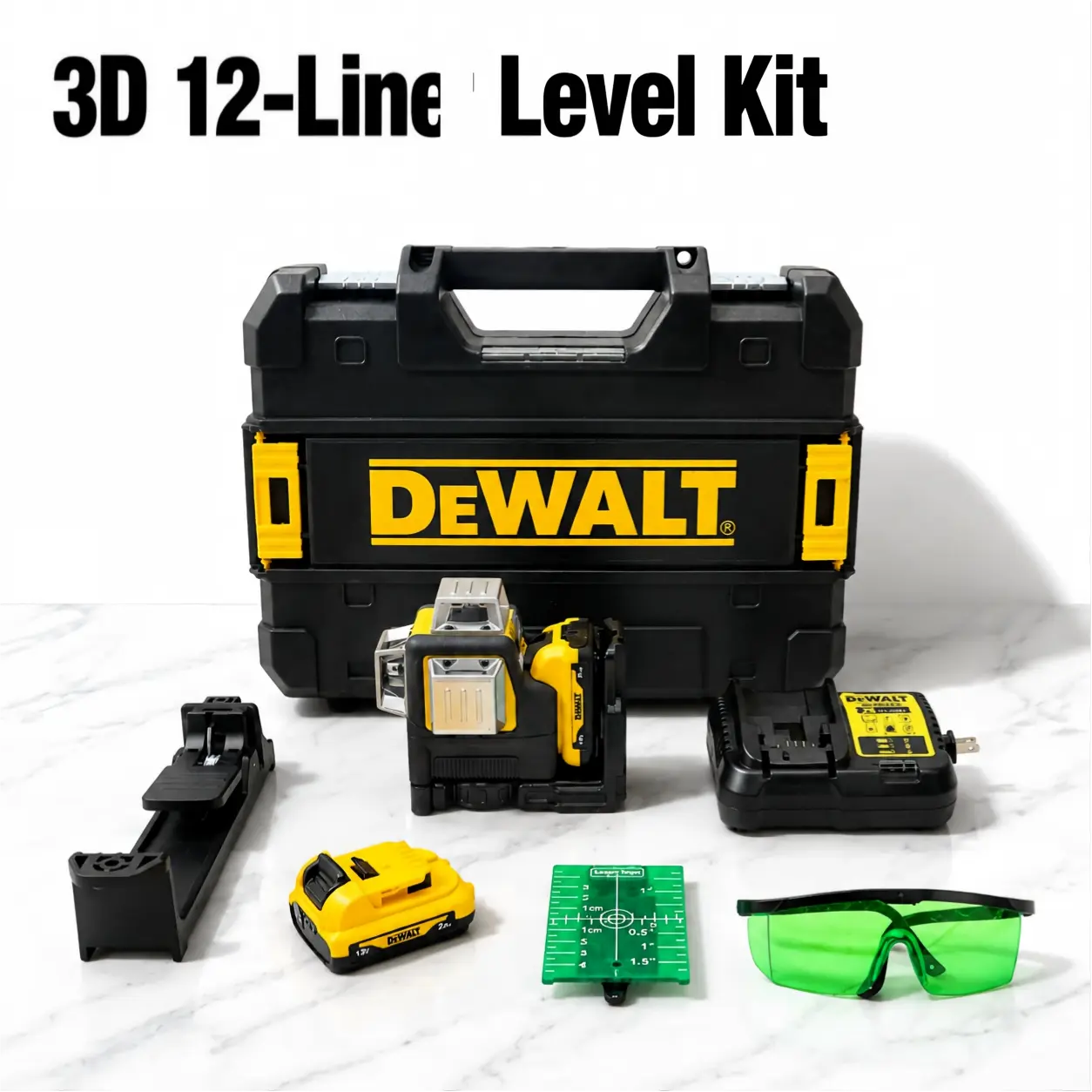 DEWALT 089LG 3D 12-Line Level - ±3mm Accuracy @10m, 30m Range, Metric Size, for Construction & Tile Installation, Cordless XR Brushless Impact Wrench Accessory with Concrete Drilling, Green Power Pack Laser high torque flexvolt lithium-ion heavy-duty hand